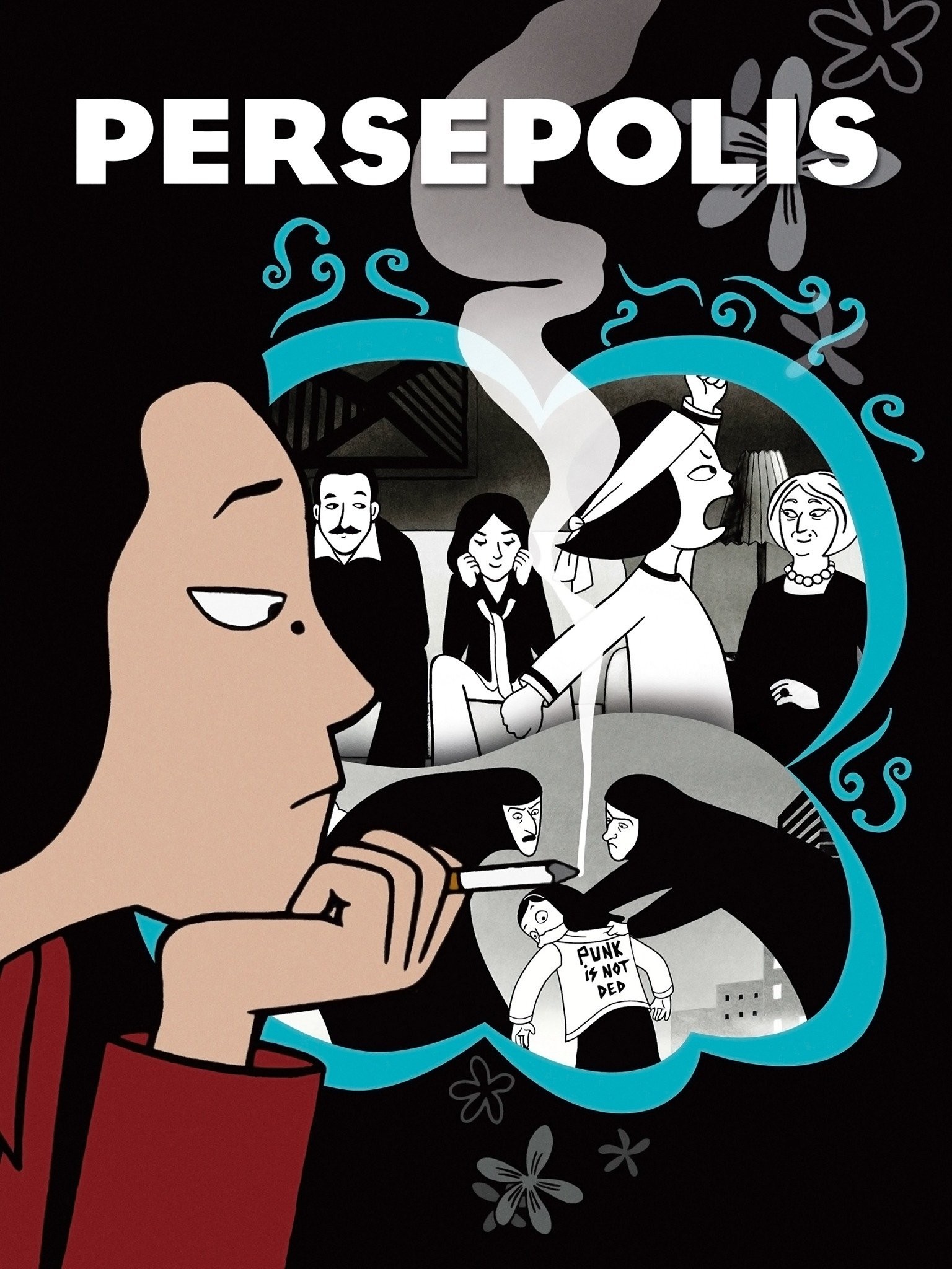 Persepolis cover art: black-and-white drawing of Marjane Satrapi with family scenes